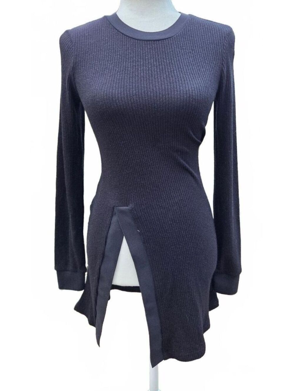 Self Contrast Black Metallic Ribbed Split Front Long Sleeve Tunic Y2K Grunge